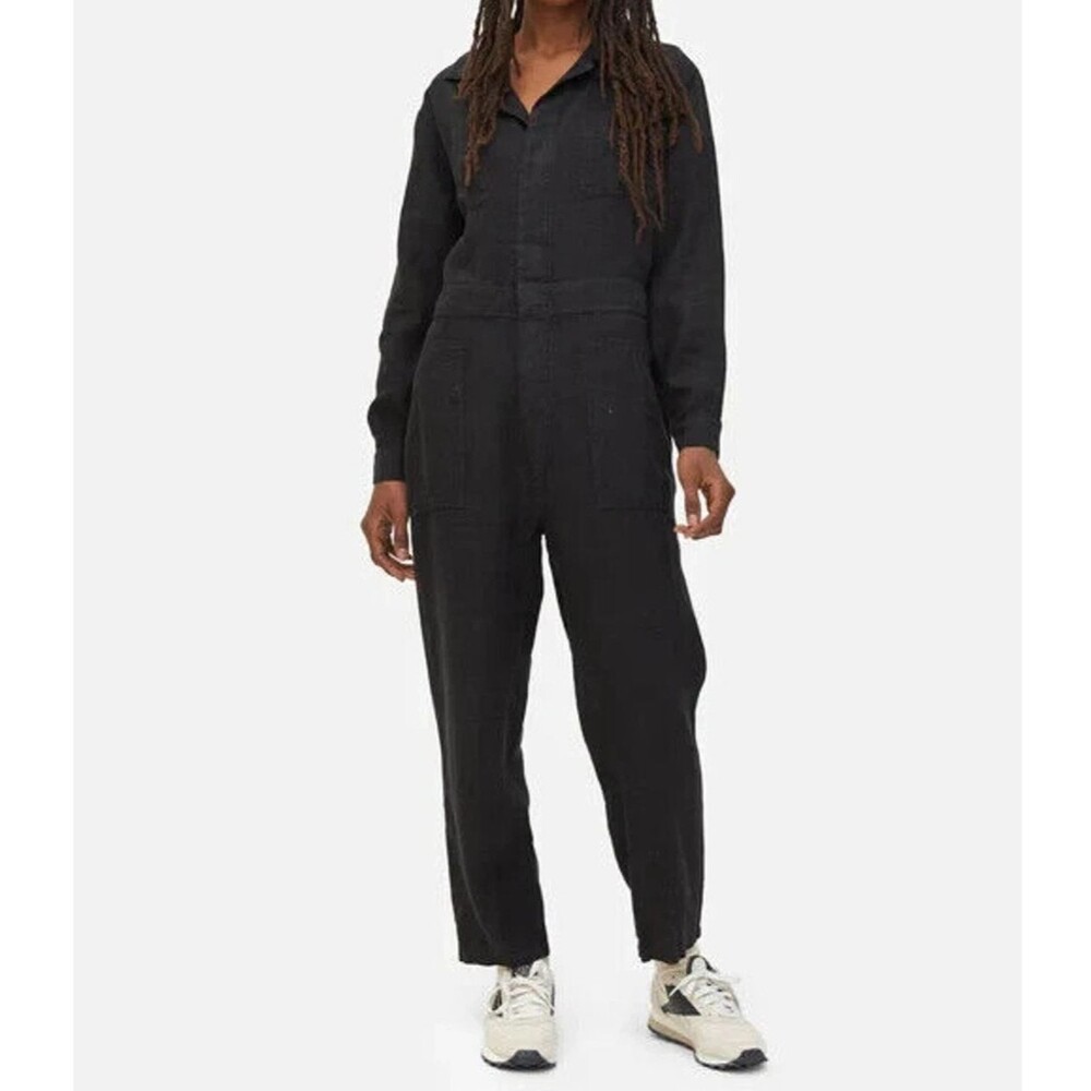 Mate The Label Linen Jumpsuit Long Sleeves Button Front Pockets Black S NEW $248